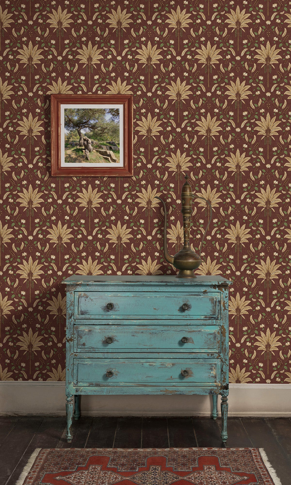 Maroon Trellis and Focal Palm Trees Wallpaper R9593