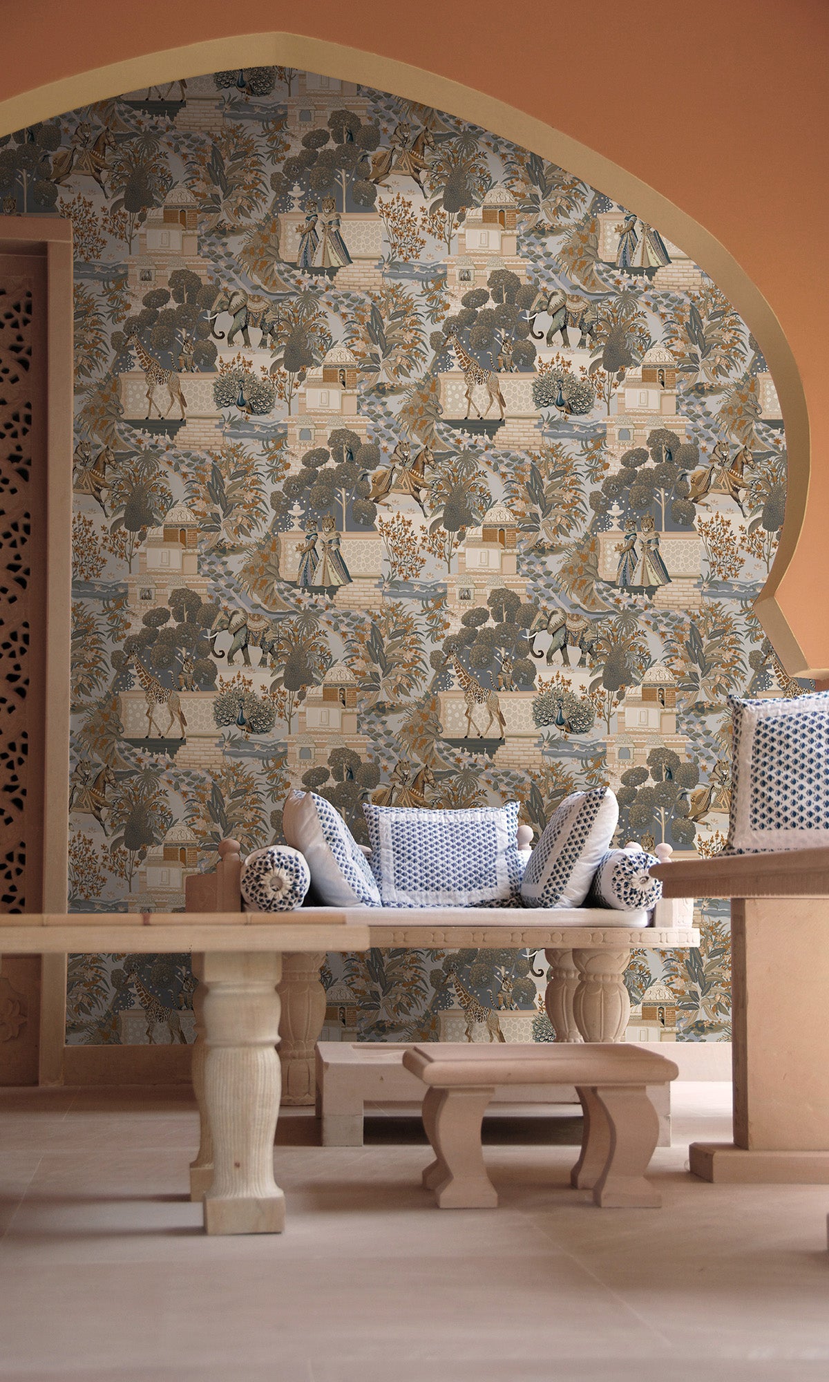 Navy/Orange Mystical Water Palace Wallpaper R9596
