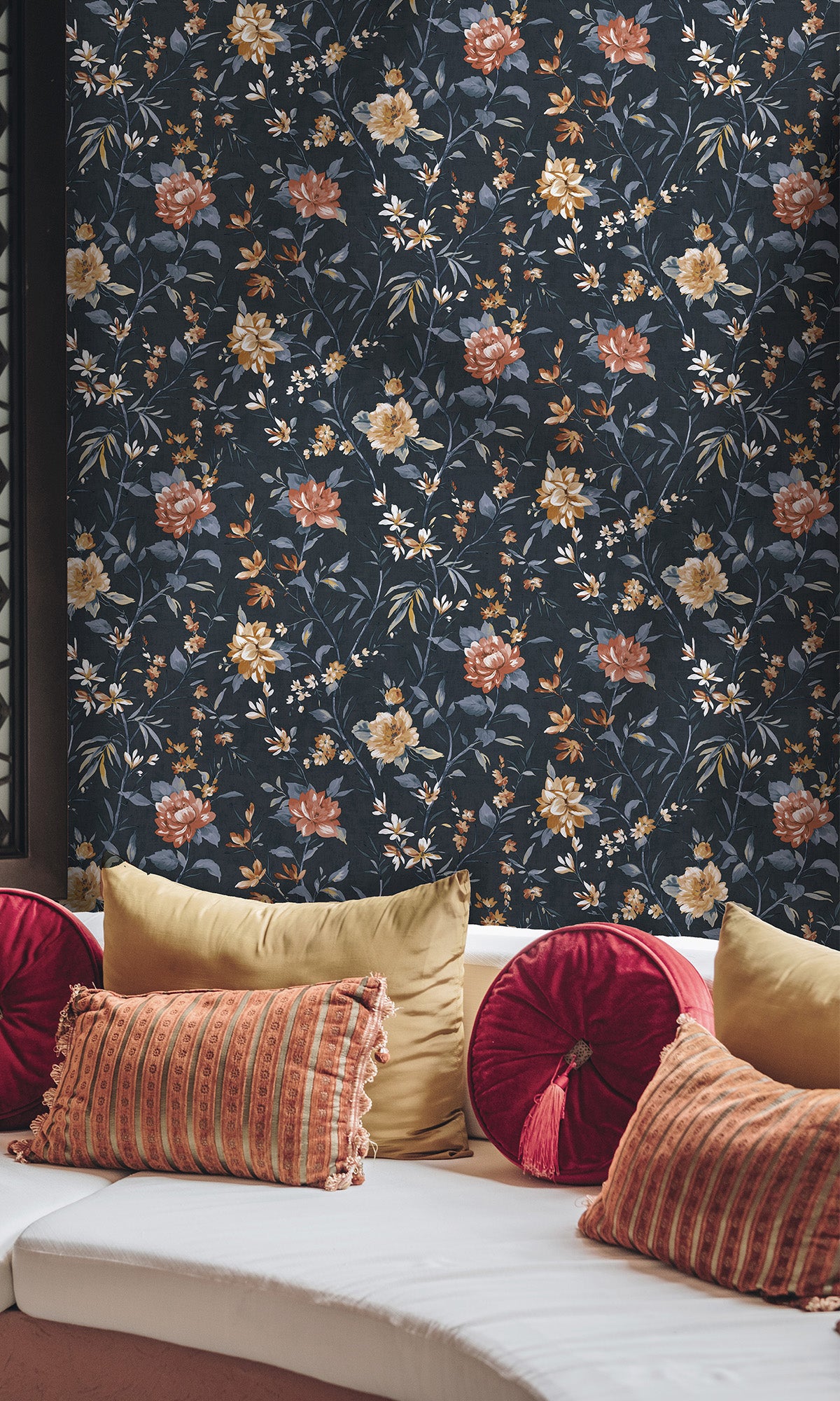 Navy Trailing Camelia Flowers Wallpaper R9614