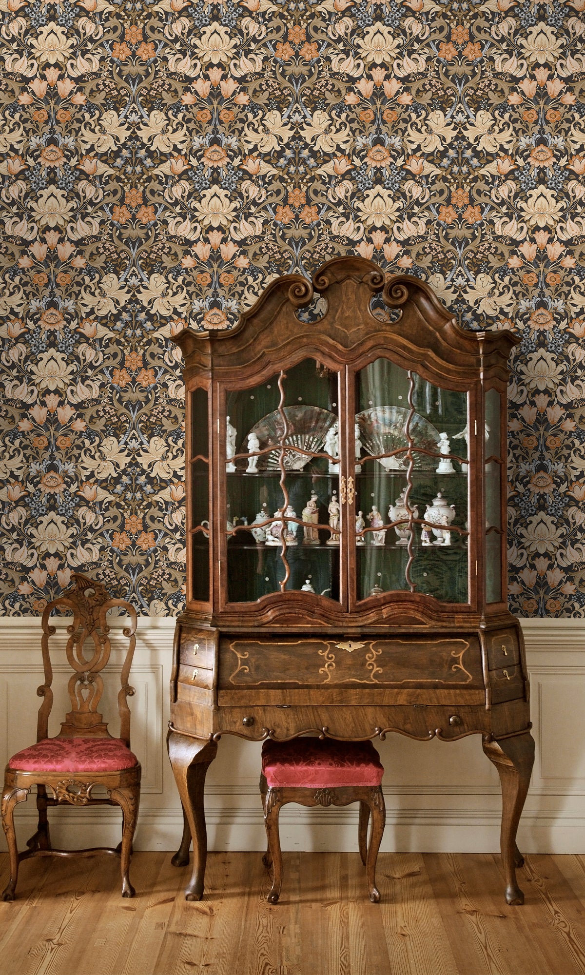 Charcoal and Orange Elegant Floral Damask Wallpaper R9635