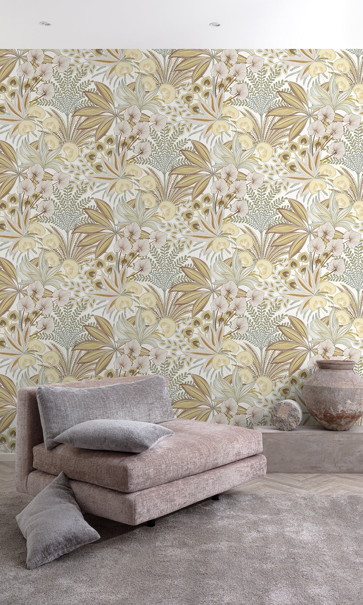 Grain Brown Tropical Ferns and Flowers Wallpaper R9727