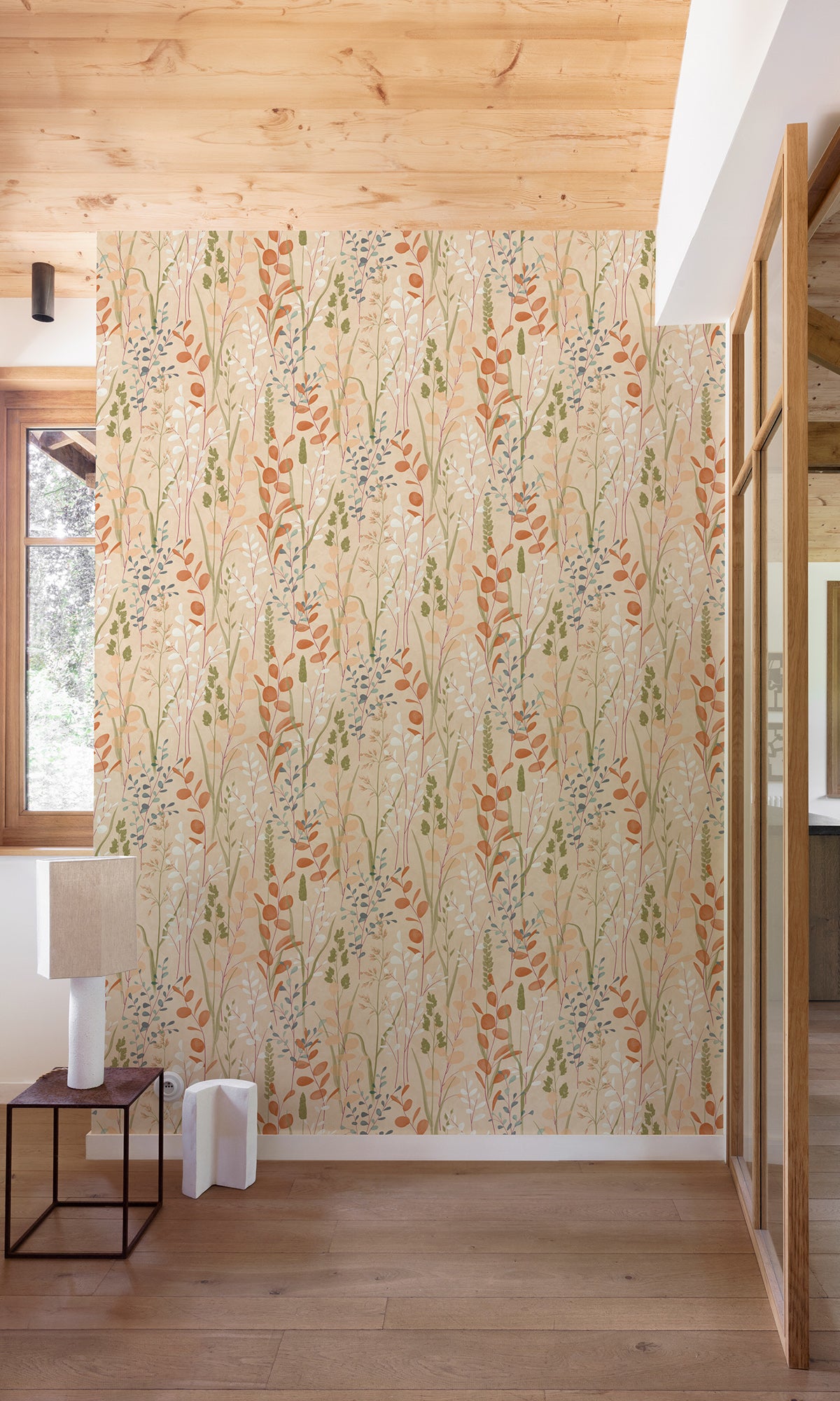 Bone/Viridian Green Leaf Motif Wallpaper R9741