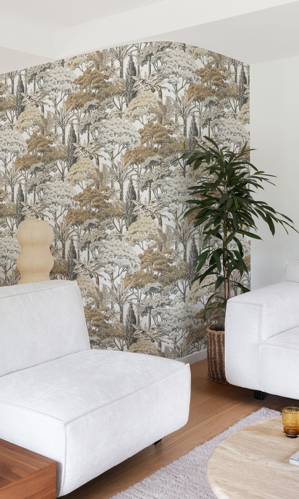 Soft Amber Tropical Palms and Trees Wallpaper R9744