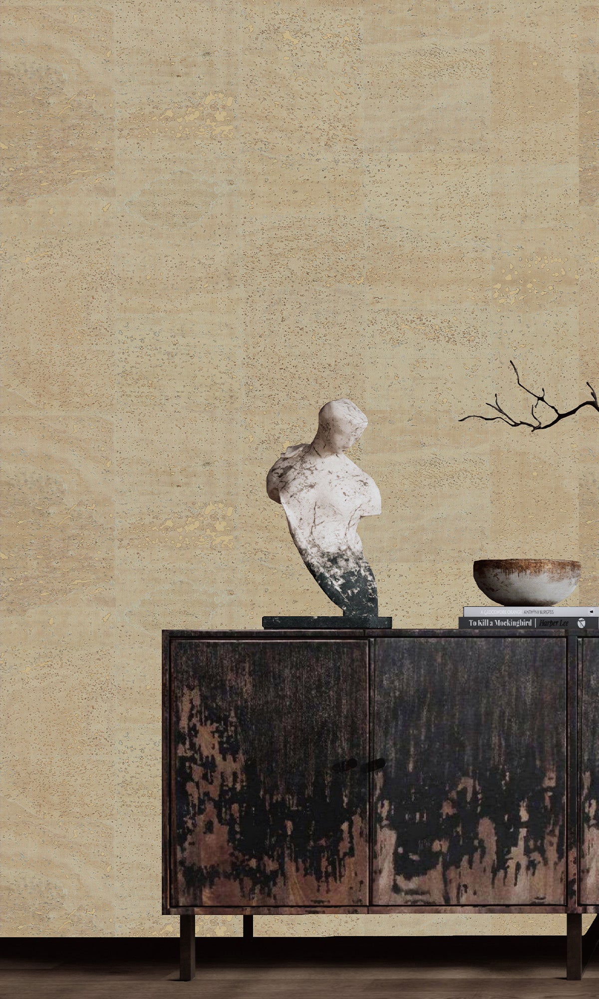 Oyster White Abstract Collaged Cork Wallpaper R9854