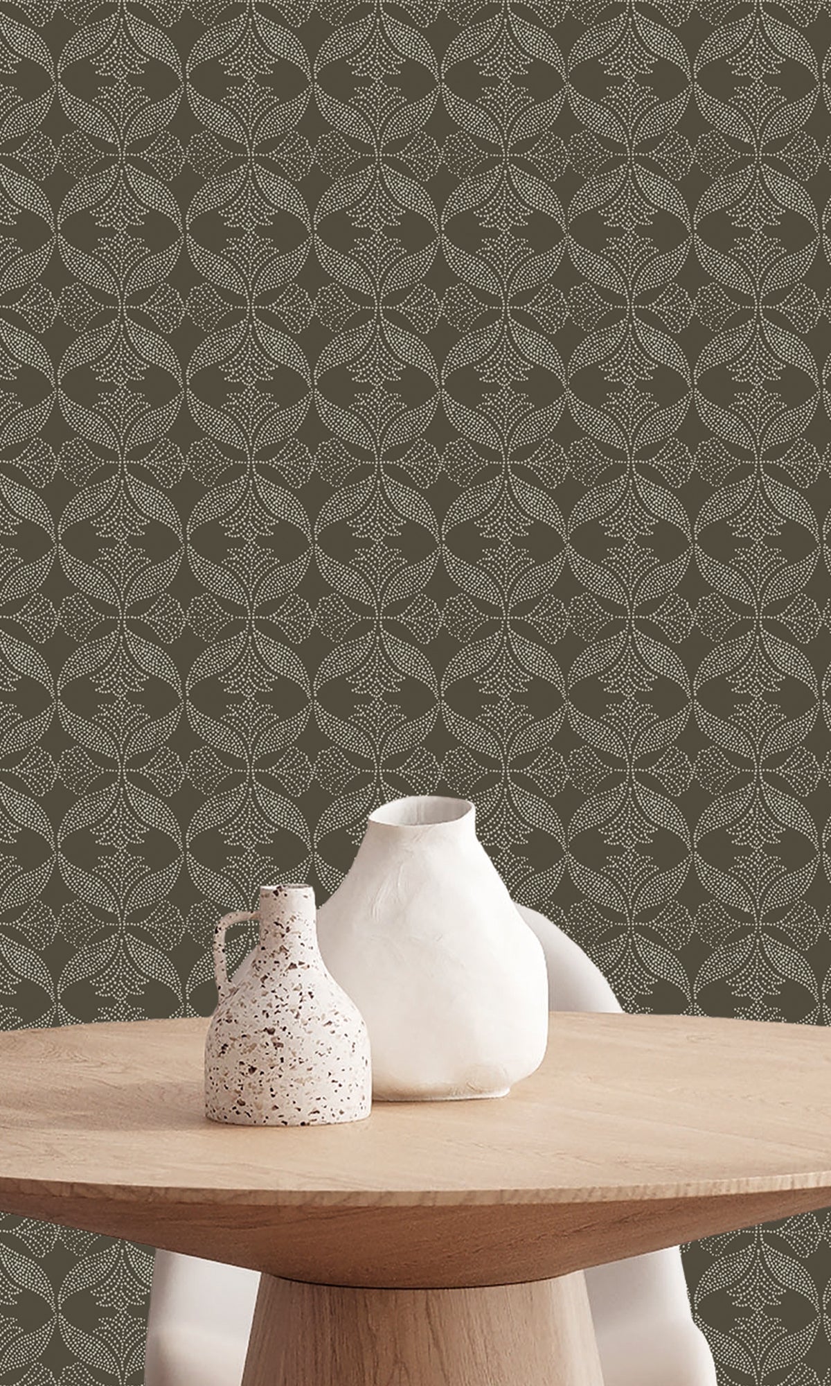 Dark Camo Beige Ornamental Ogee Wallpaper R9975