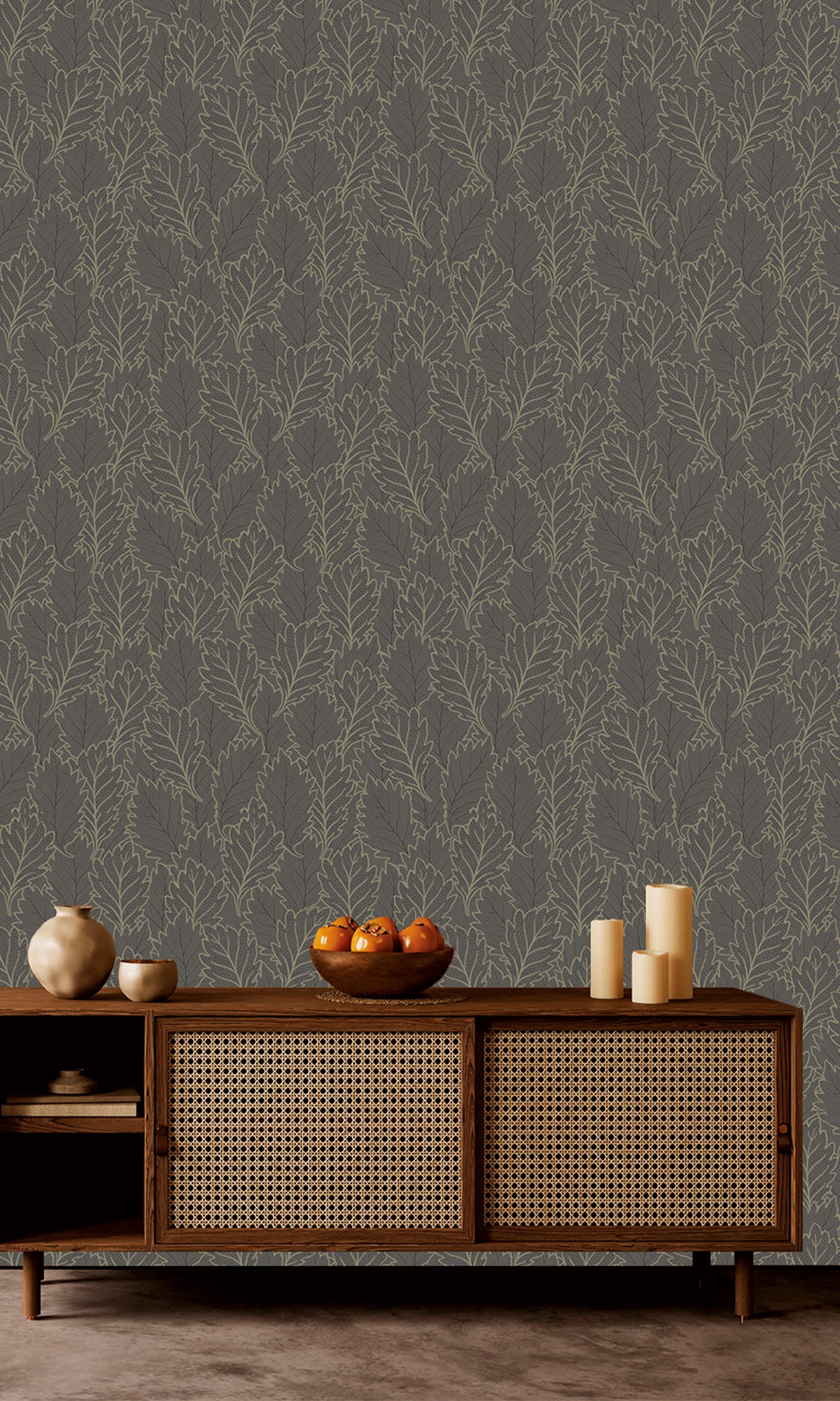 Merlin Grey & Deep Walnut Pressed Quercus Leaves Wallpaper R9986