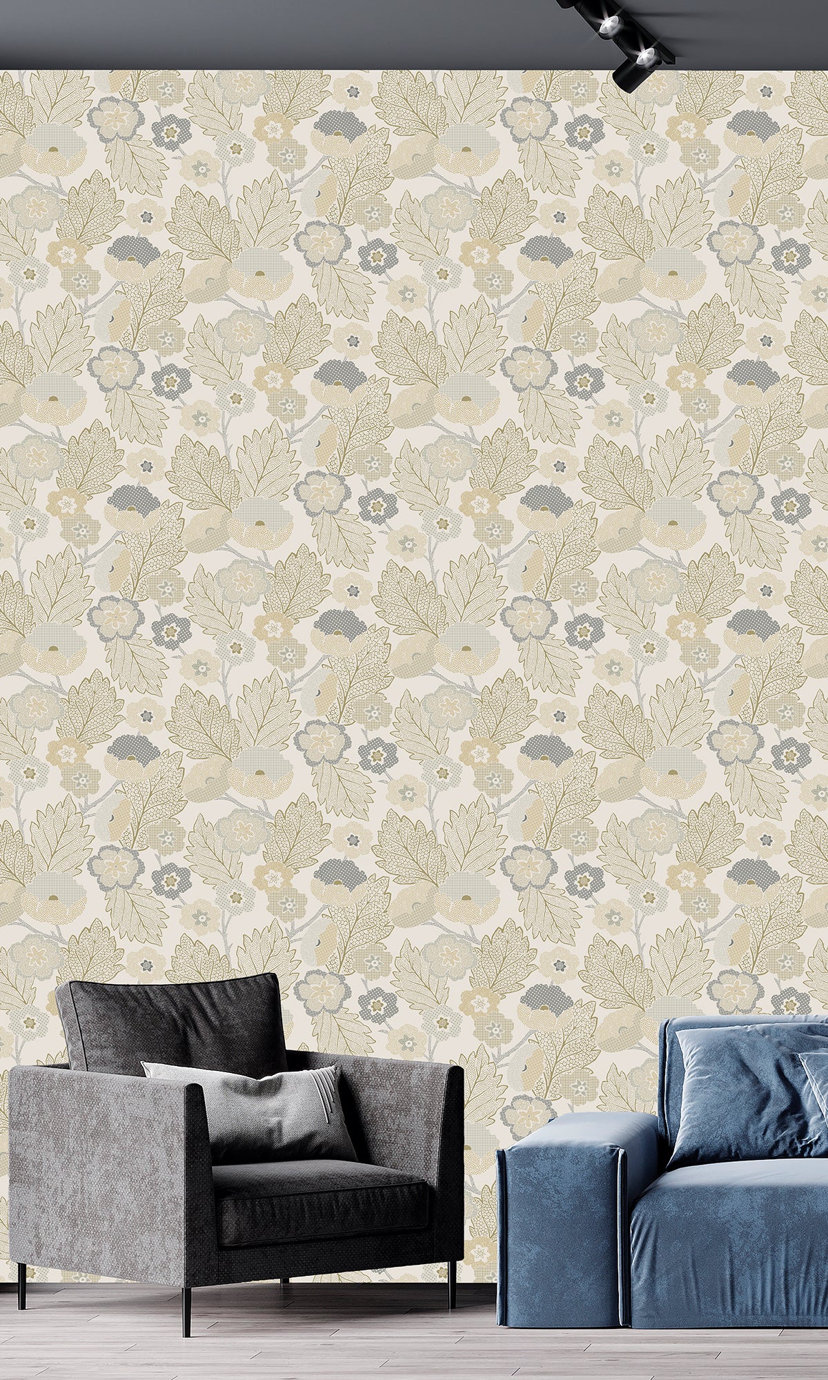 Mountain Grey & Eaton Gold Poppies and Leaves Wallpaper R9987