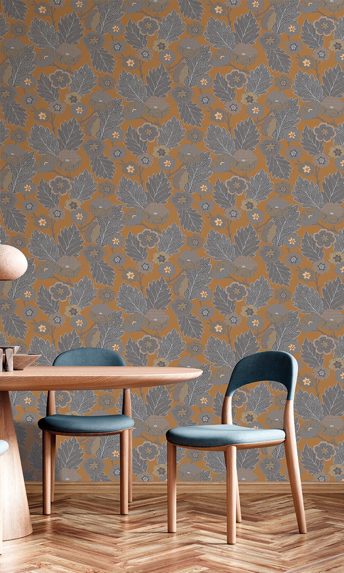Dark Teak & German Grey Poppies and Leaves Wallpaper R9989