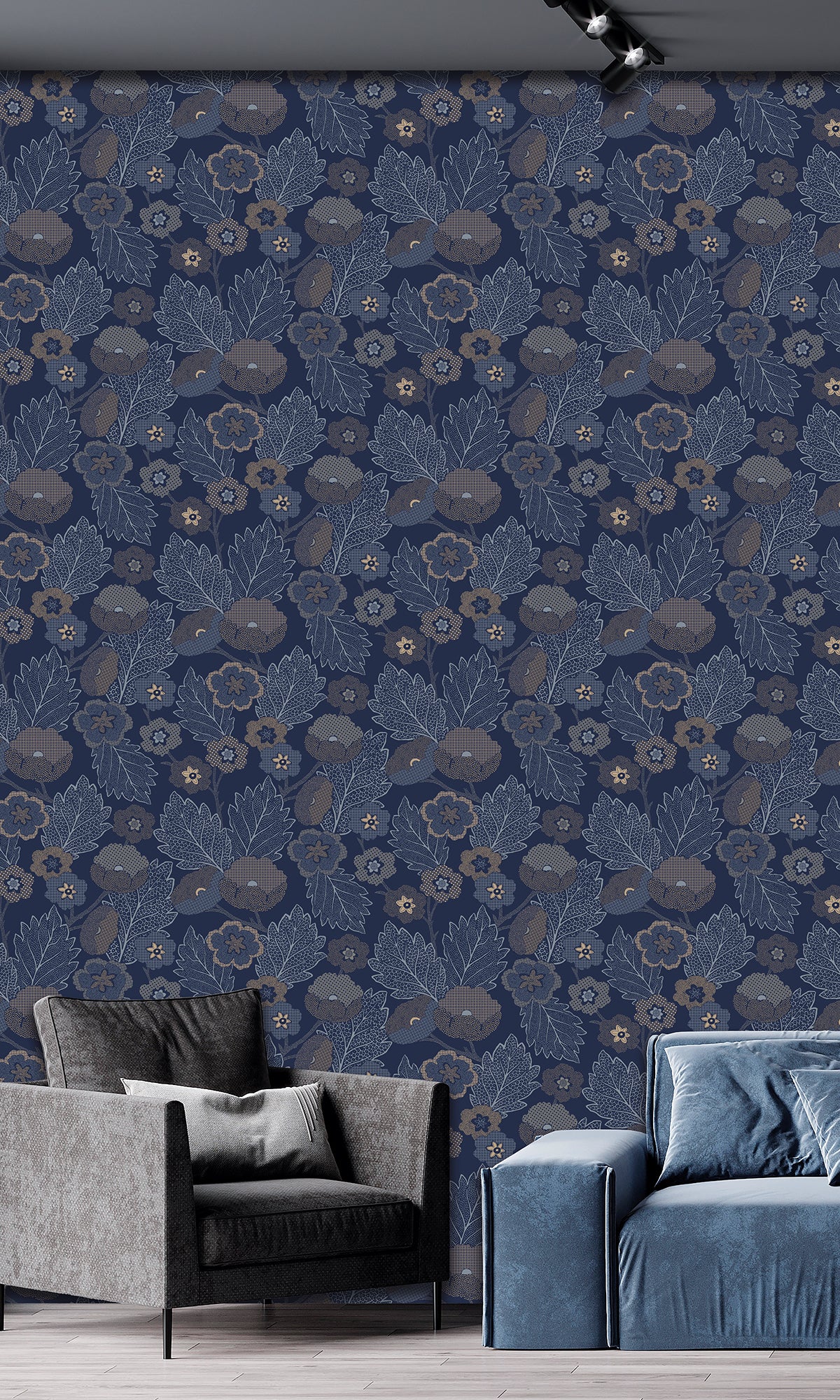 Gibraltar Blue & Montecito Poppies and Leaves Wallpaper R9990