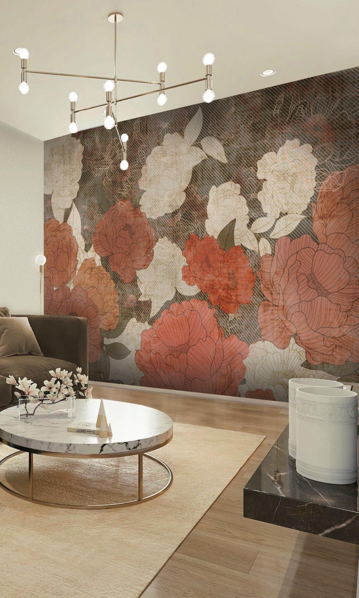 Red Luxurious peony Flowers Mural Wallpaper M1211