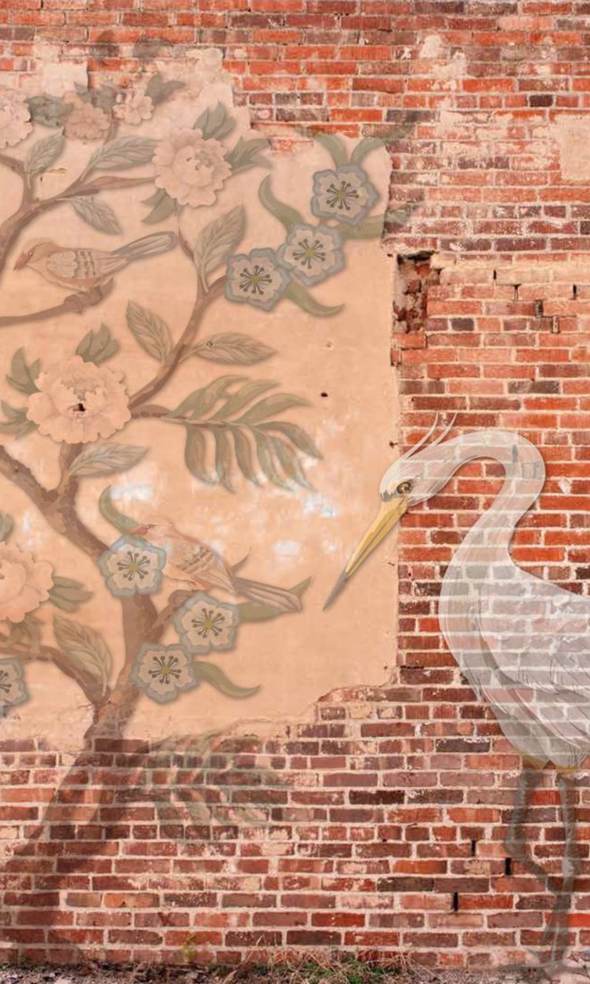 Red Orange Garden on Bricks Mural Wallpaper M1275