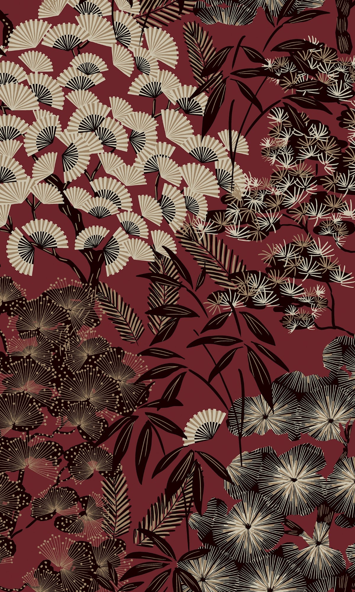 Red Oriental Leaves Tropical Wallpaper, flock wall paper, flock wallpaper, vintage flock wallpaper, contemporary flock wallpaper, modern flock wallpaper, flock wallpaper for homes, flock wall décor, flock wall covering
