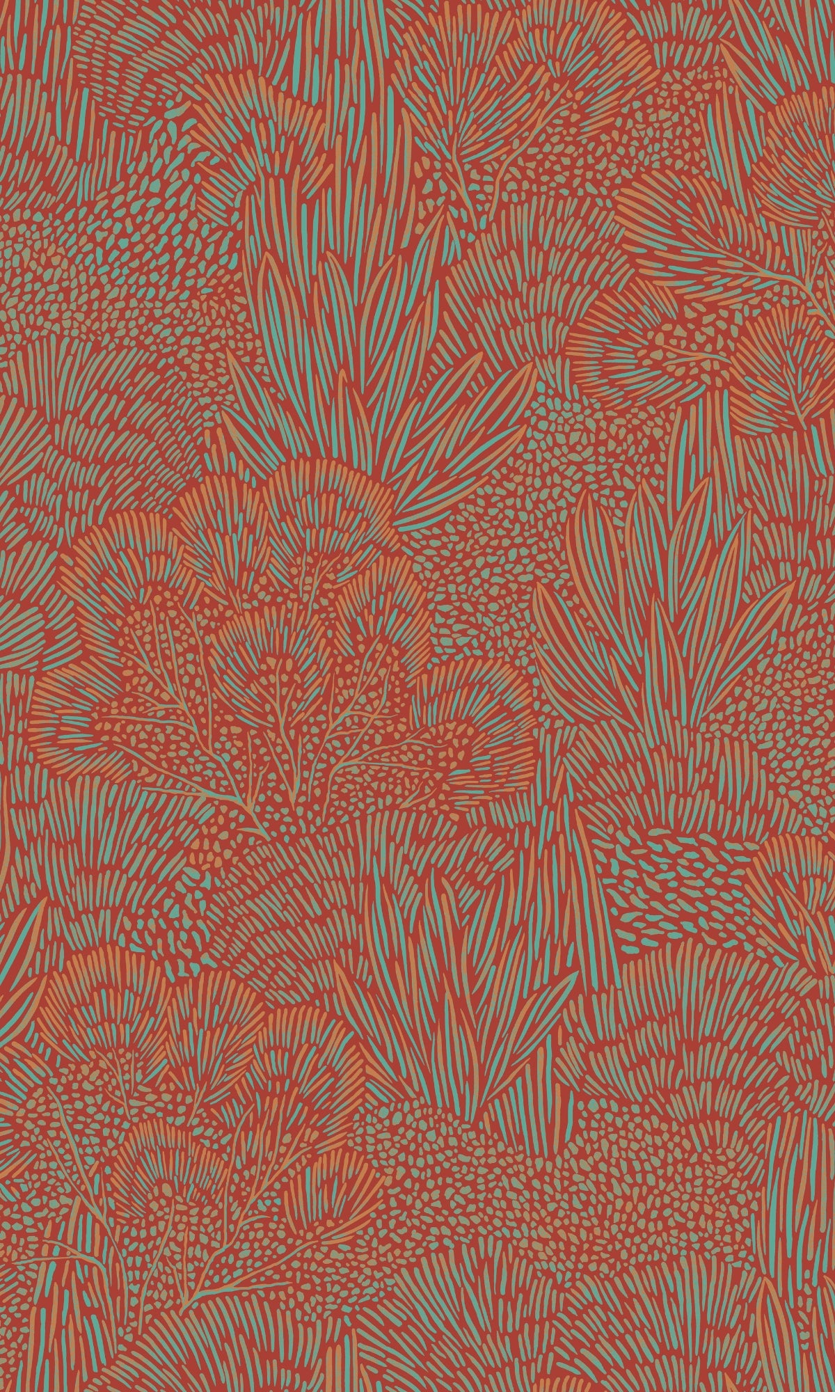 Red & Blue Embossed Leaves & Trees Tropical Wallpaper R9095