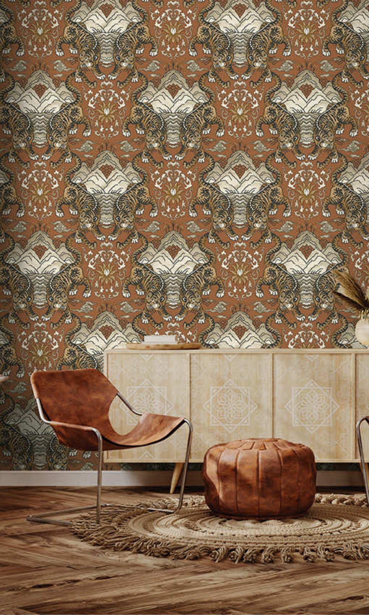 Burnt Orange Tiger Chinese Inspired Textured Wallpaper R8413