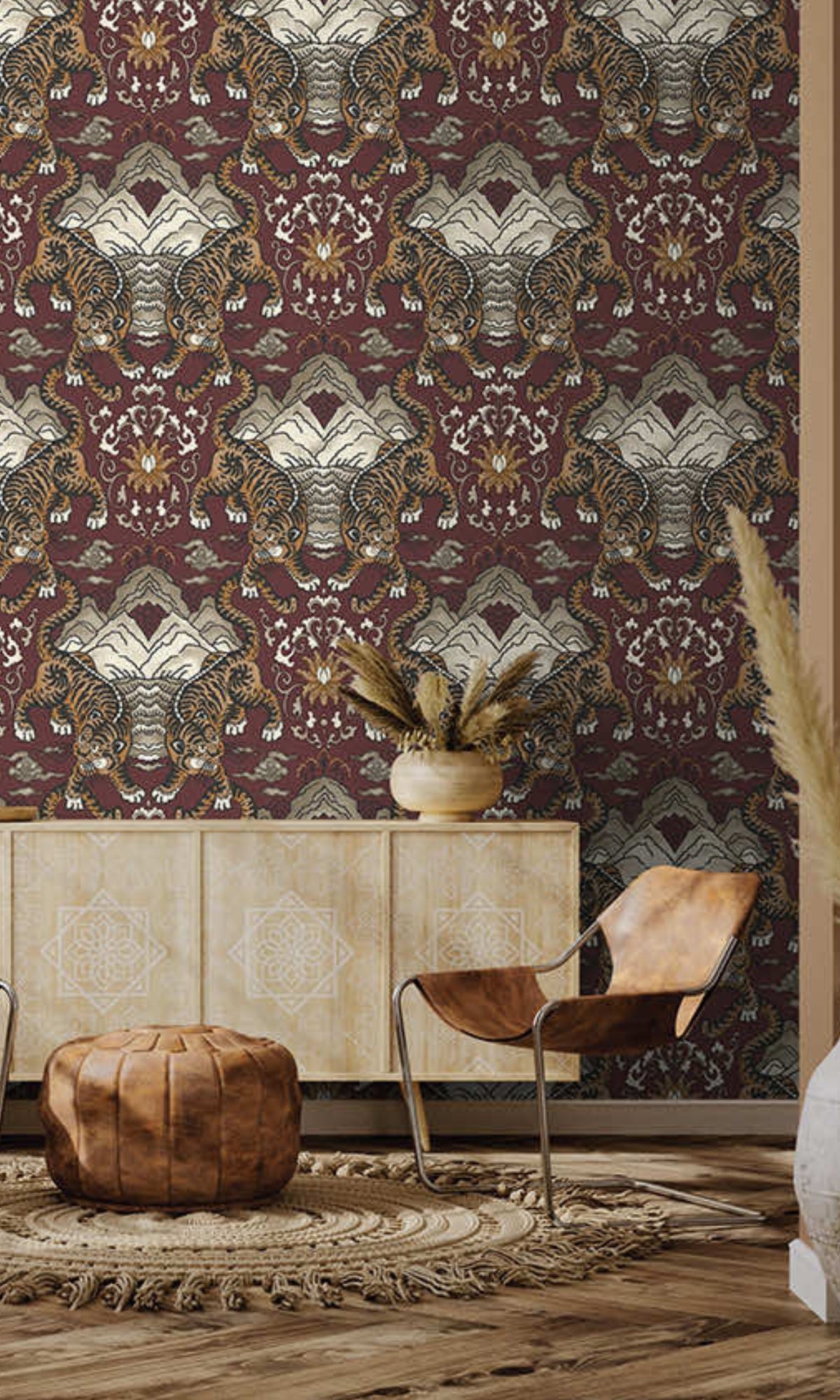 Maroon Tiger Chinese Inspired Textured Wallpaper R8414