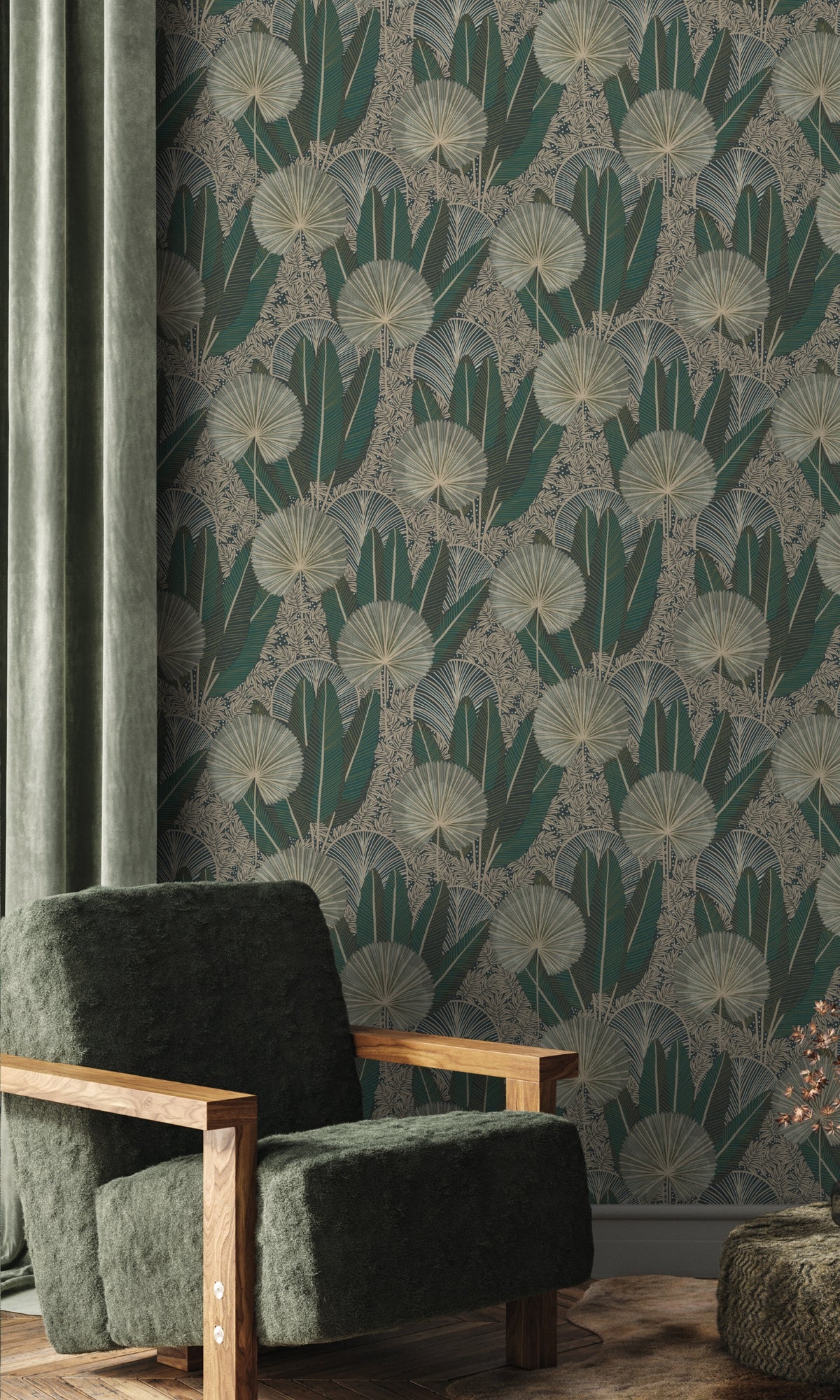Teal Bold Metallic Leaf Tropical Wallpaper R8366