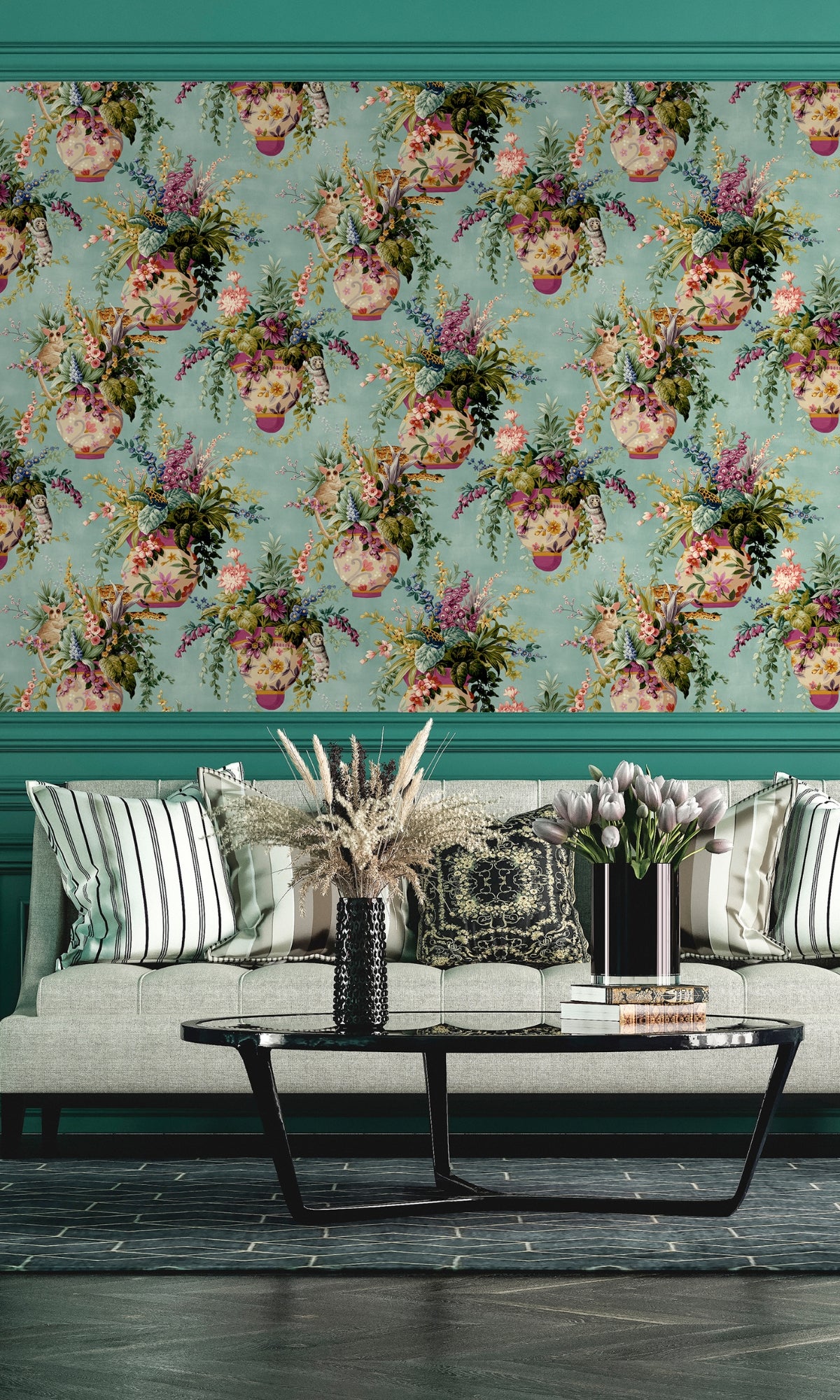 Teal Vintage inspired Hidden Jungle Wallpaper R8274