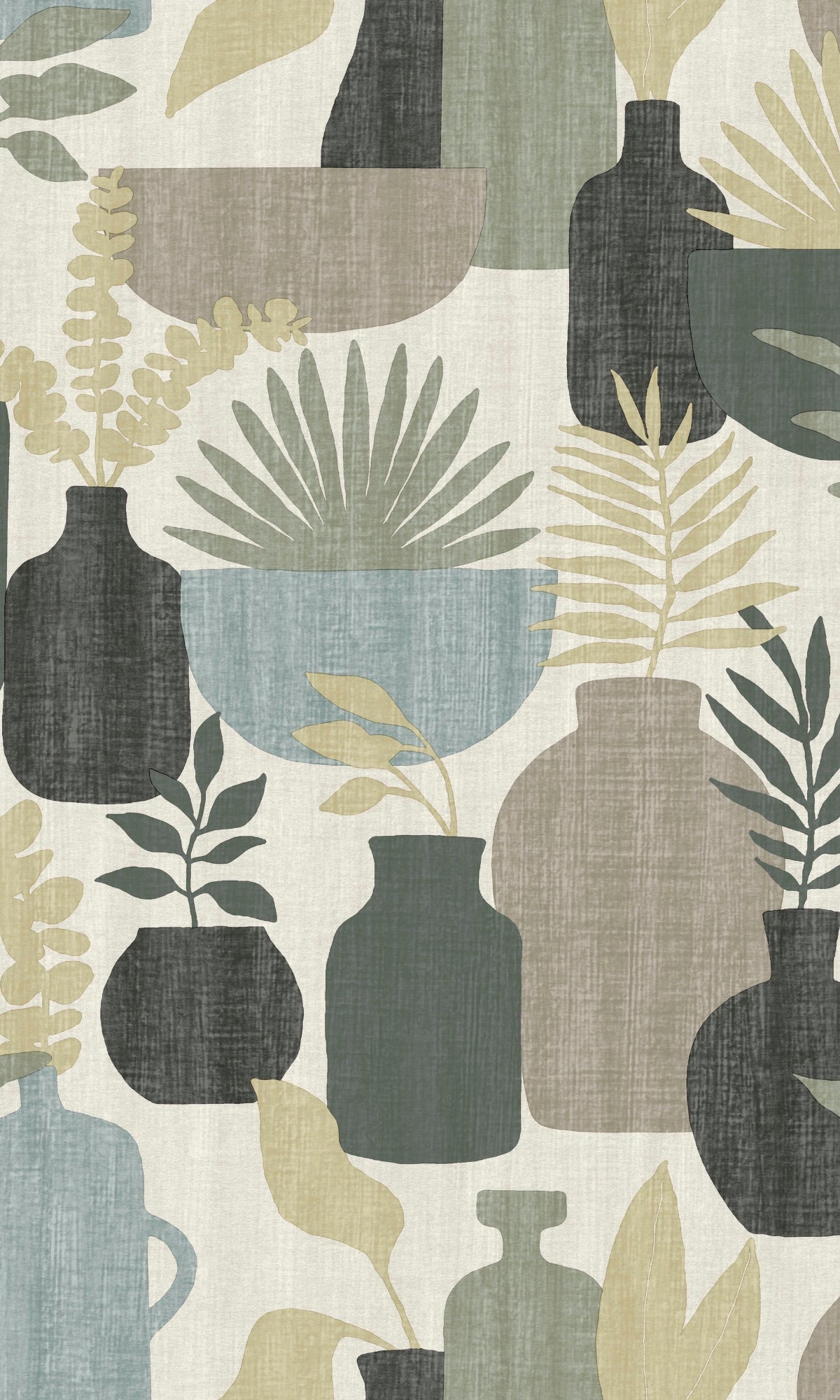 White & Sage Vases With Plants Retro Wallpaper R9086