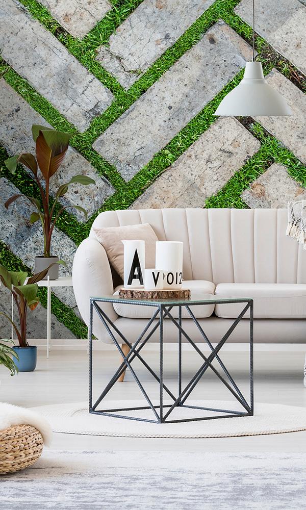 overgrowth herringbone masonry living wall wallpaper mural