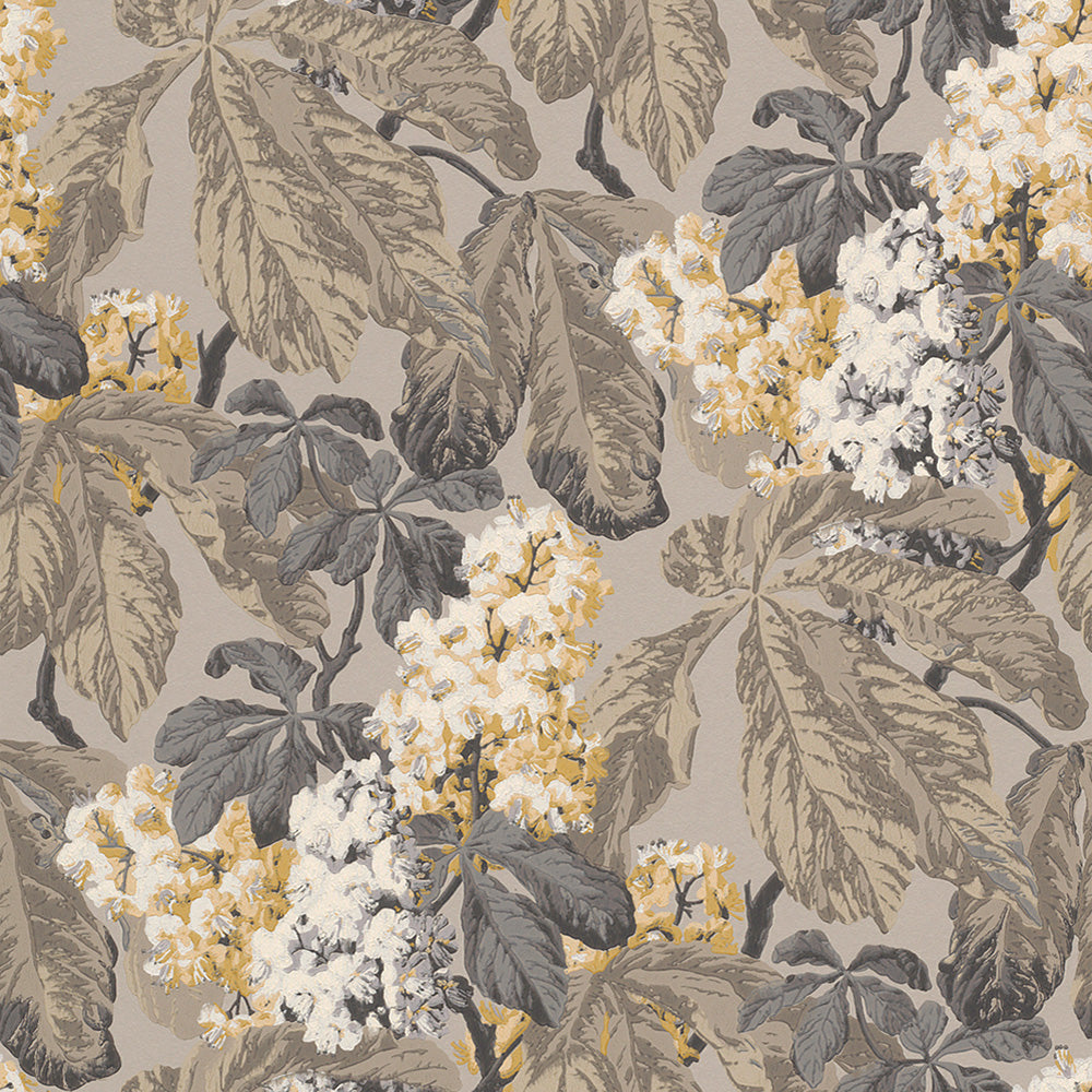 Yellow & Taupe Floral Wallpaper R4148 | Vintage Home Wallcovering