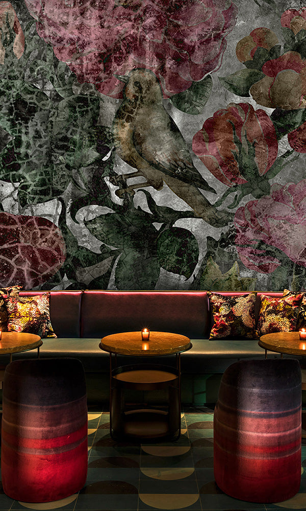 weathered floral on concrete wallpaper