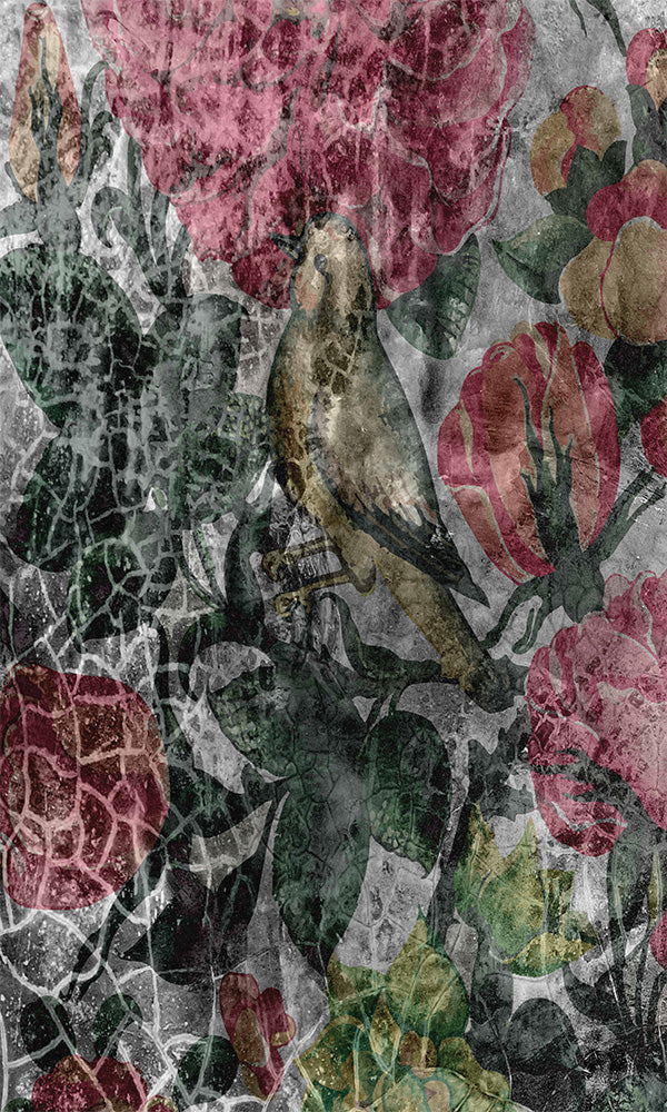 weathered floral on concrete wallpaper
