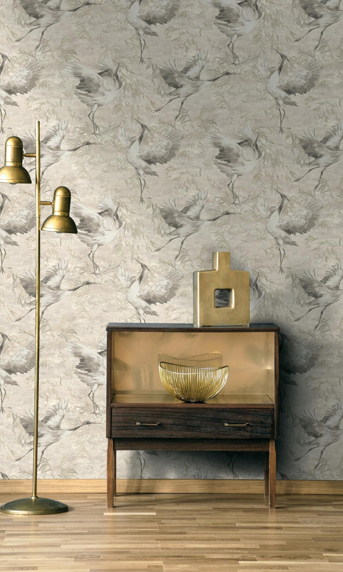 Beige Sarus Crane in the Field Metallic Wallpaper R7589