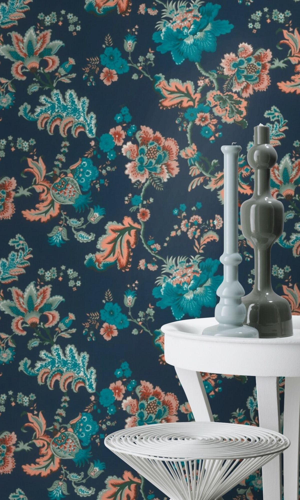 Blue Hand Painted Fantasy Floral Blossoms Wallpaper R7873