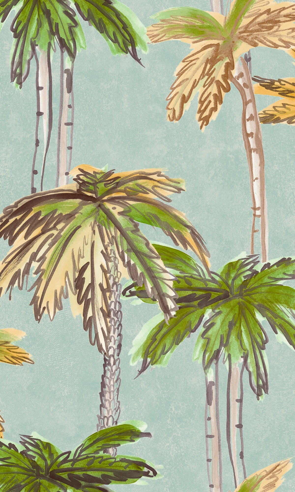 Blue Hand Painted Trees Tropical Wallpaper R8134