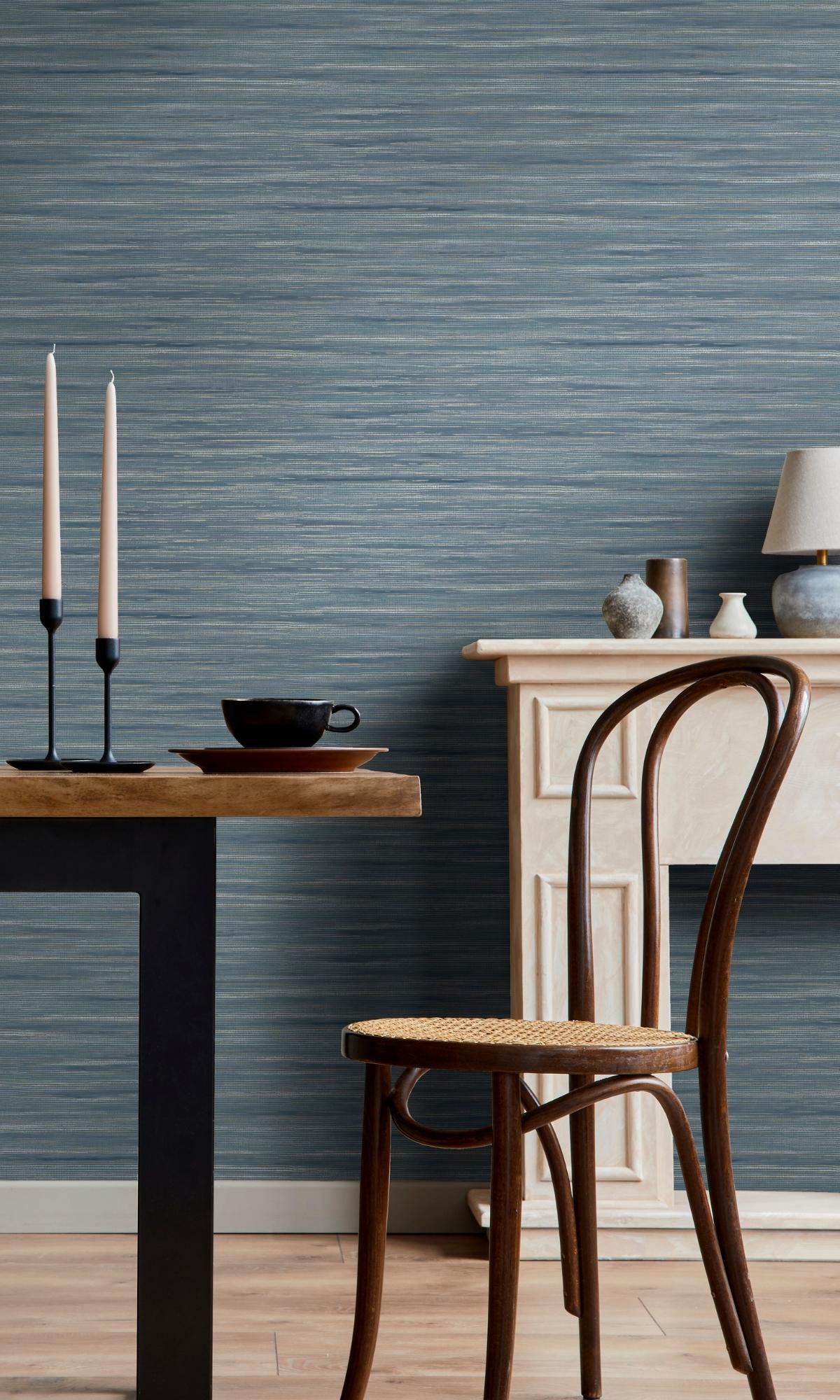 Navy Plain Grasscloth-like Textured Metallic Wallpaper R7620