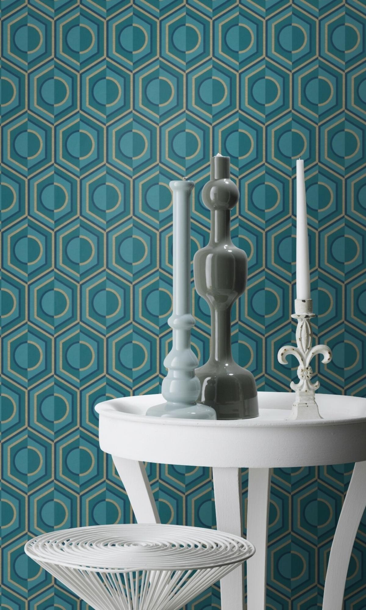 Blue & Gold 3D Retro Geometric Wallpaper, flock wall paper, flock wallpaper, vintage flock wallpaper, contemporary flock wallpaper, modern flock wallpaper, flock wallpaper for homes, flock wall décor, flock wall covering