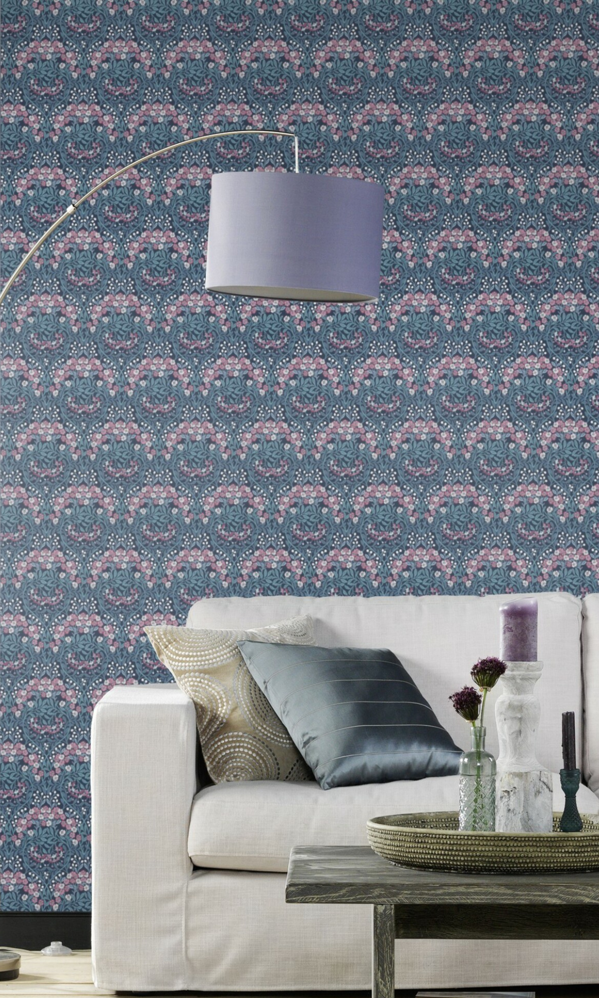 Blue & Red Fresh Jacobean Flowers Floral Wallpaper R7851