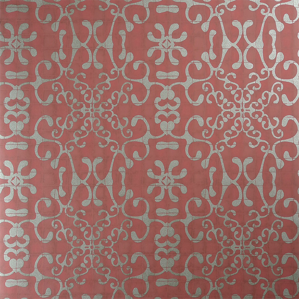 Classic Red Tiled Romantic Metallic Swirls Wallpaper R3823