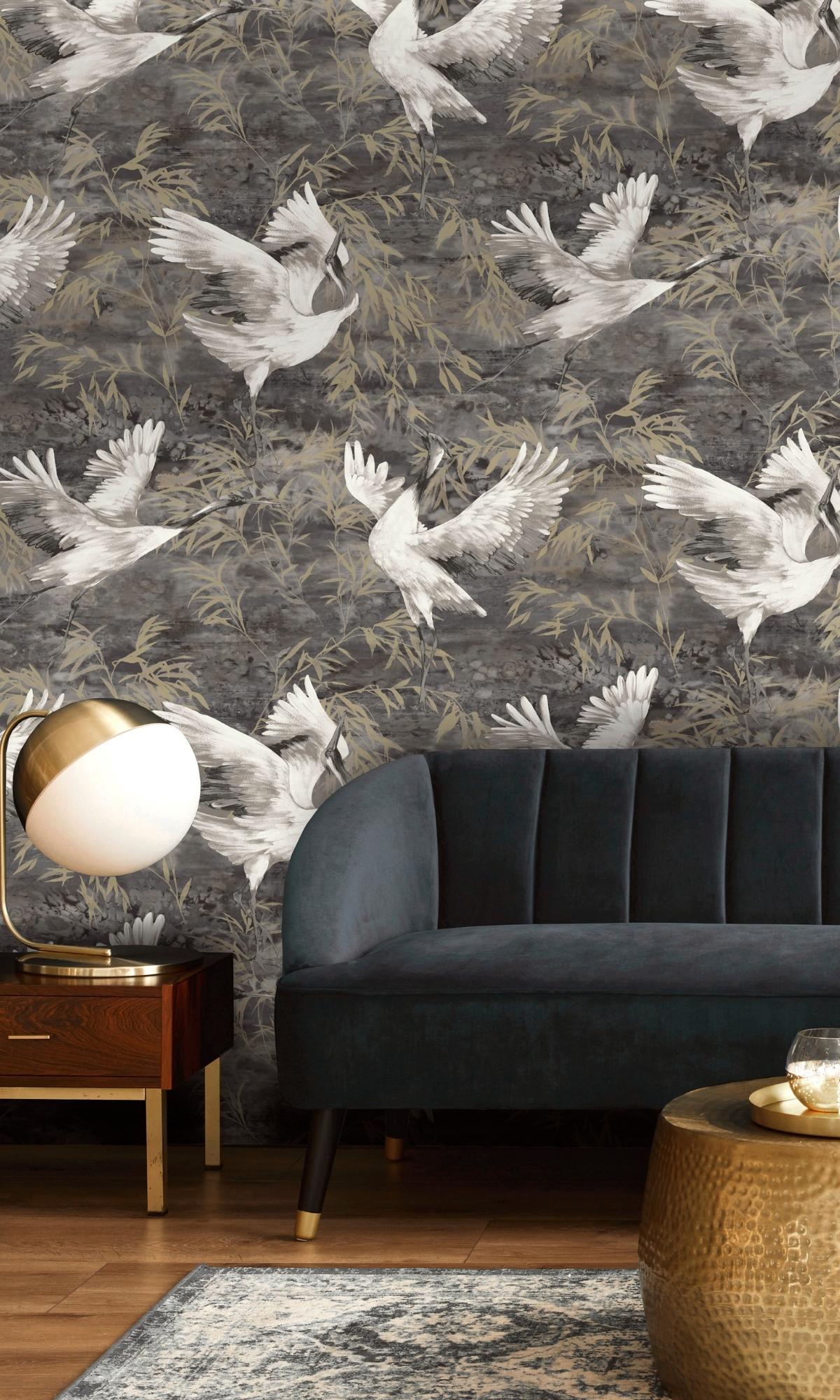 Charcoal Sarus Crane in the Field Metallic Wallpaper R7591