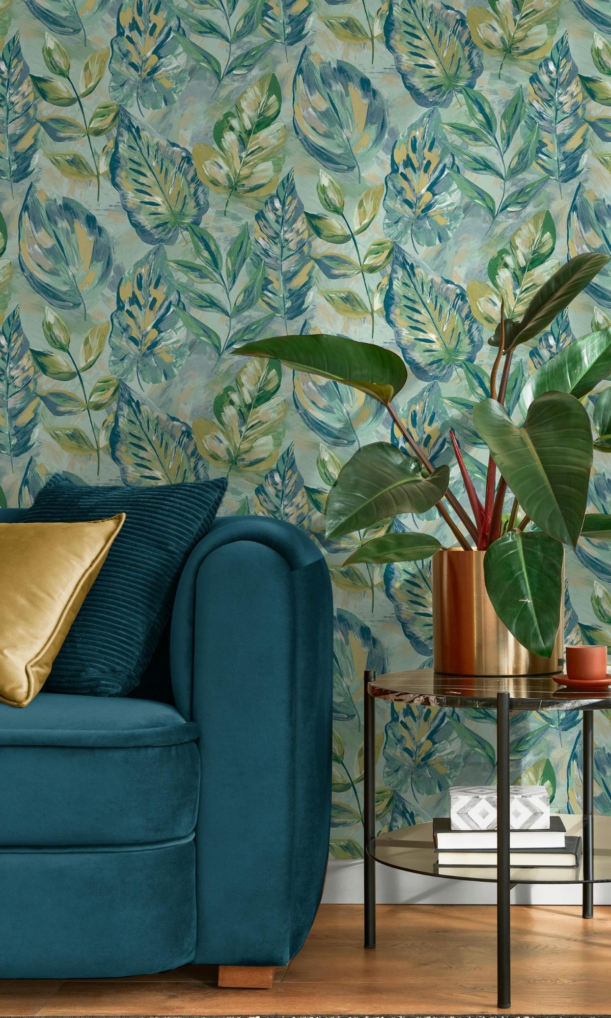 Duck Egg Aralia Leaves Metallic Textured Botanical Wallpaper R7592