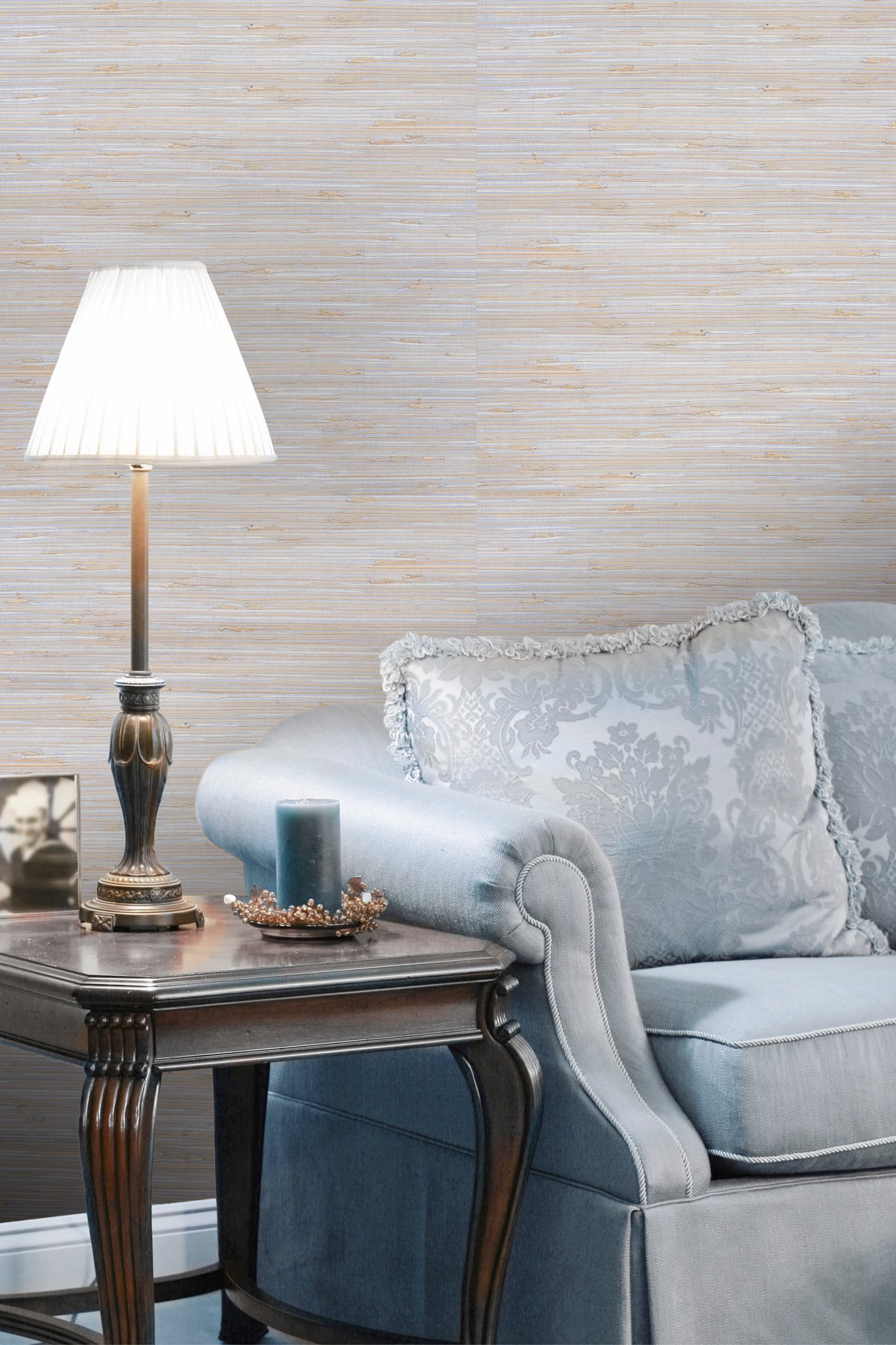 Kapok Blue & Beige Grass-cloth Woven Wallpaper R1992. Grasscloth wallpaper.