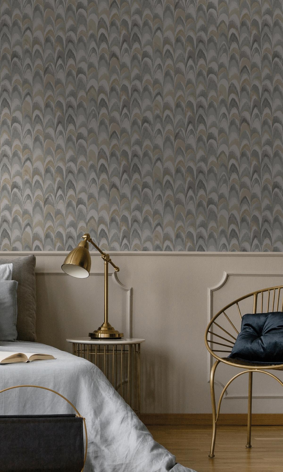 Grey Peacock Feather Inspired Geometric Wallpaper R7600