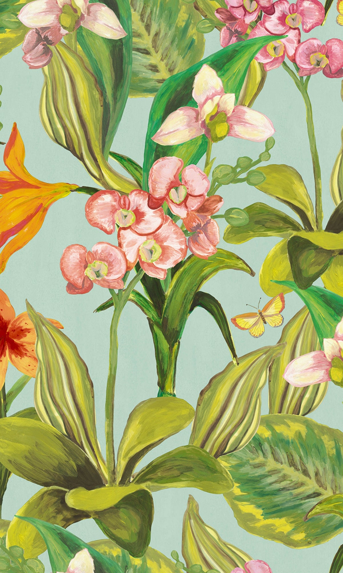 Light Blue Hand Painted Orchids Floral Wallpaper R8139