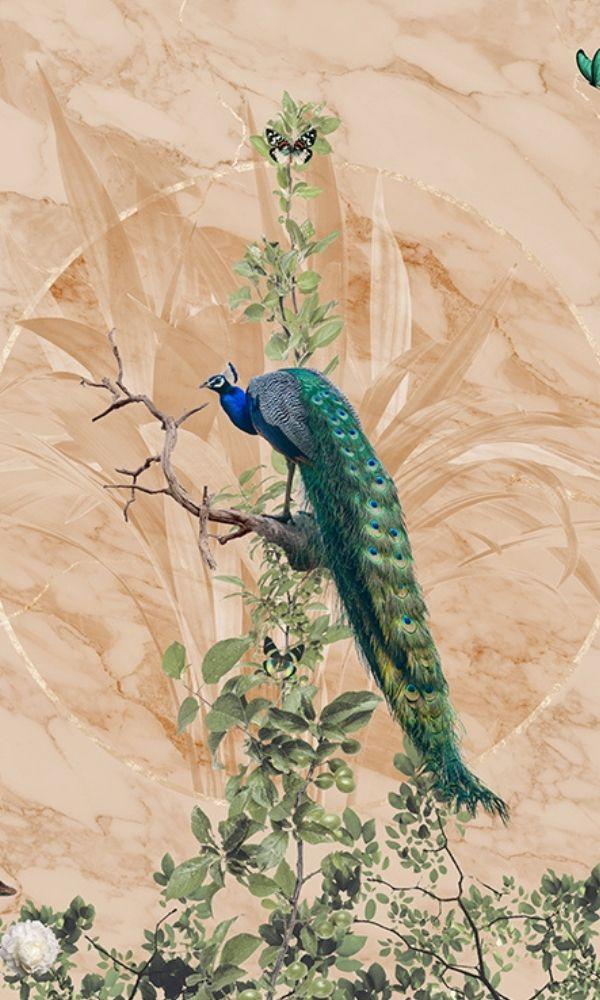Cream Peacock Forest Tropical Wallpaper Mural M1068- Sample
