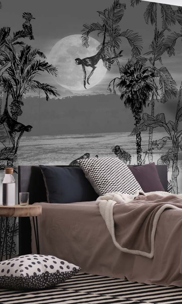 Black & White Climbing Monkeys at Night Mural M9981