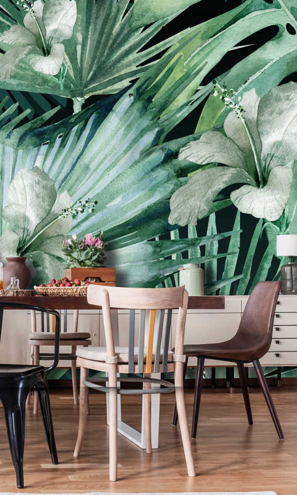 Forest Green Bold Flowers and Leaves Wallpaper mural M9983-Sample