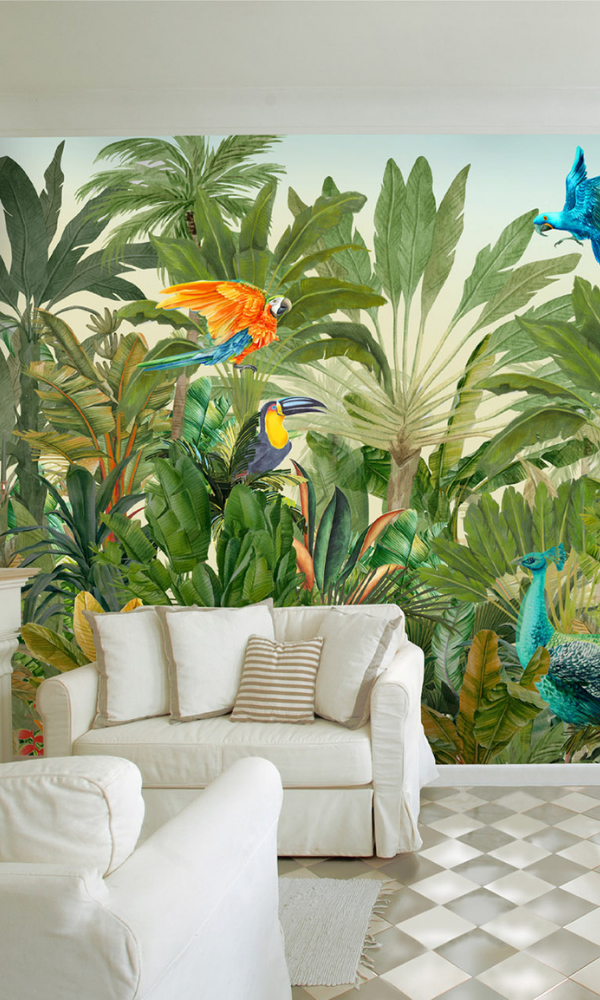 Green Tropical Summer Vibes With Birds Wallpaper Mural M9990