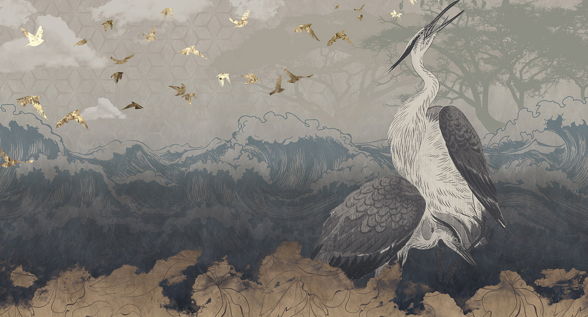 asian crane nature mural wallpaper