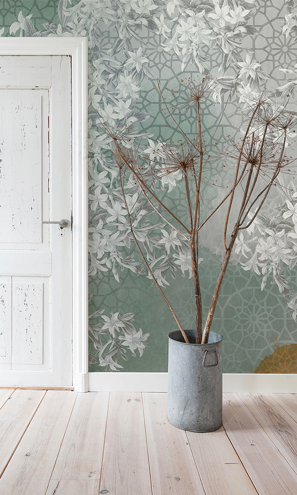 geometric floral collage mural wallpaper