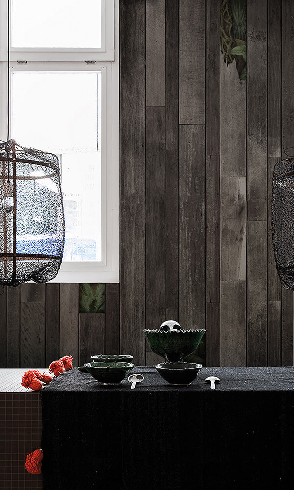 leaves through wood faux mural wallpaper