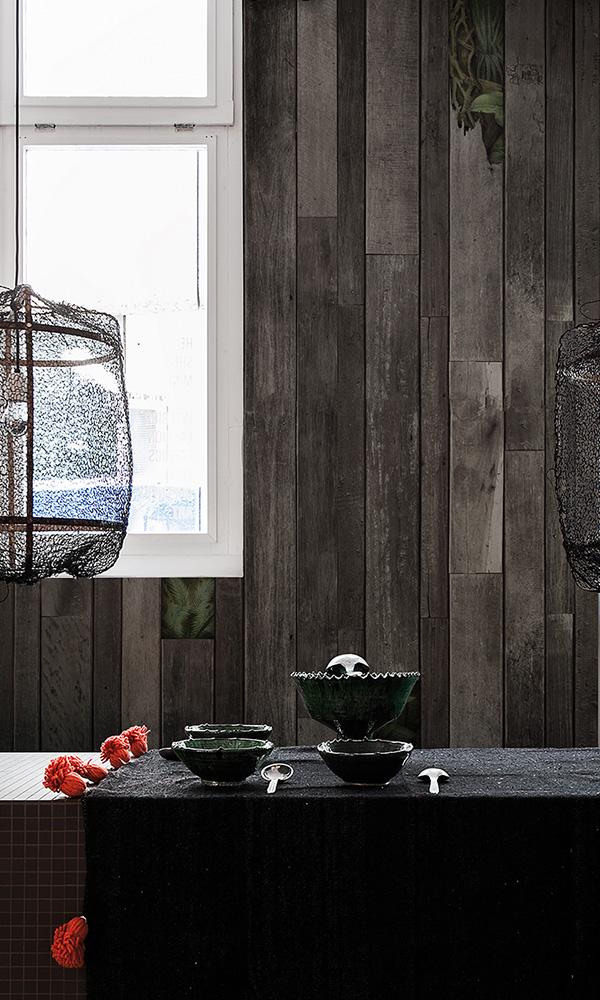 leaves through wood faux mural wallpaper