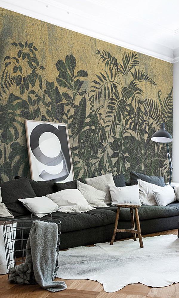 large printed botanical leaves mural wallpaper