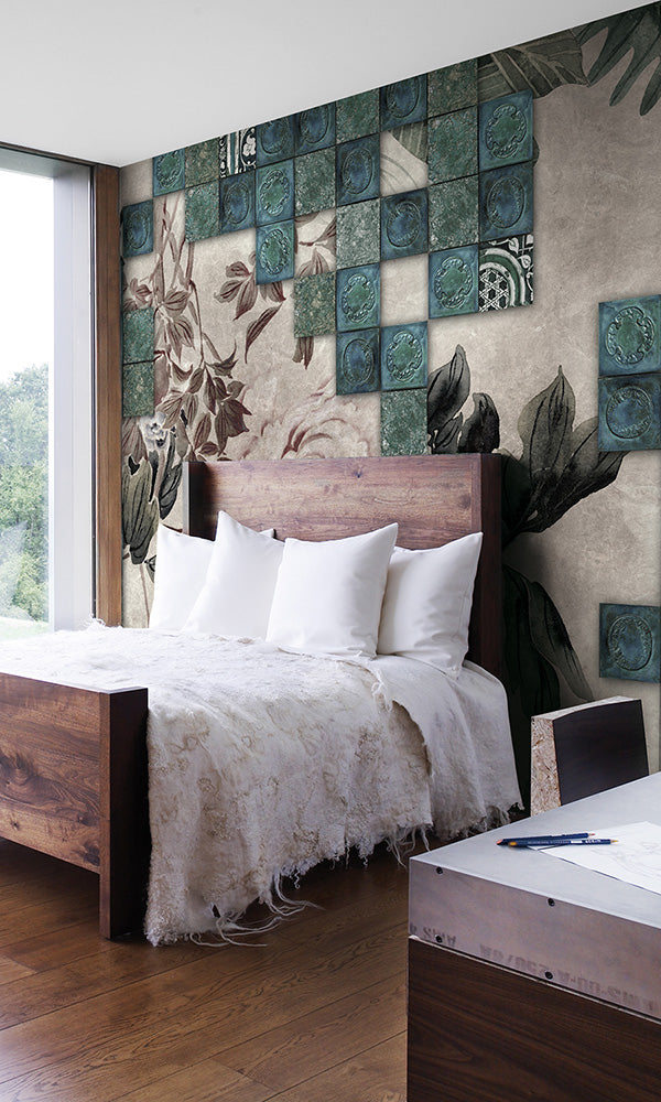 faux tile floral mural wallpaper