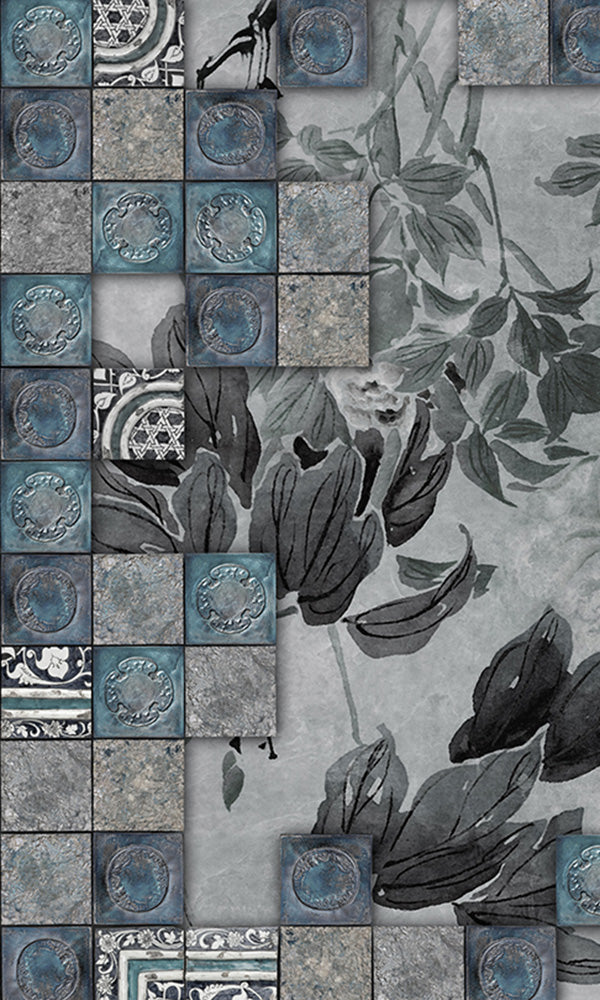 faux tile floral mural wallpaper