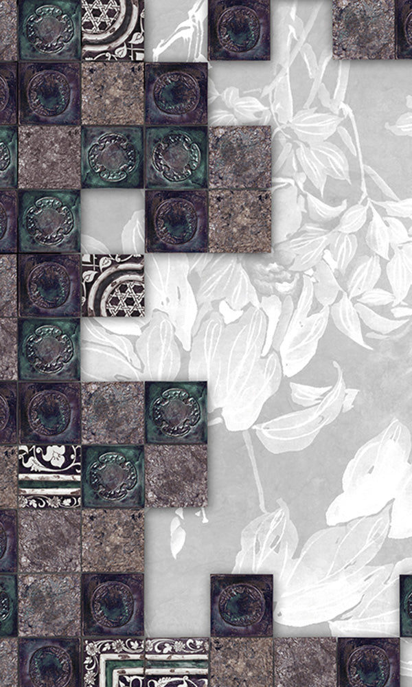 faux tile floral mural wallpaper